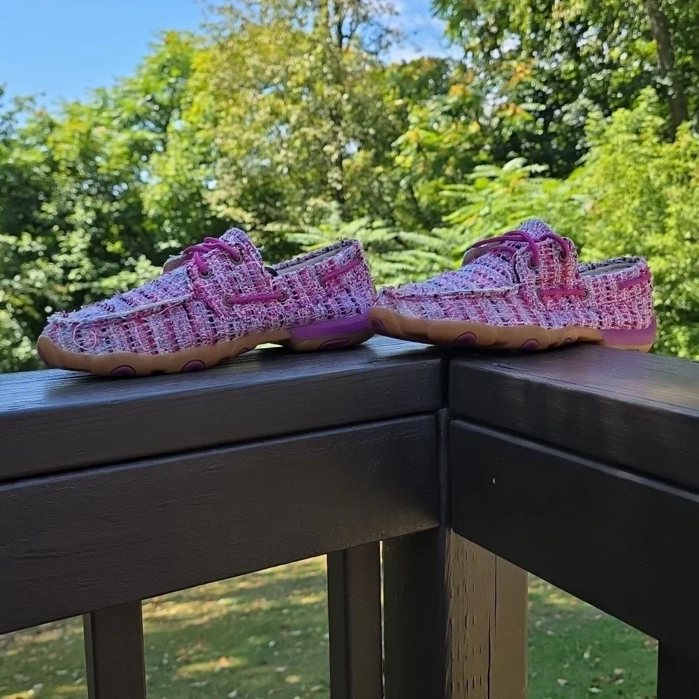 Twisted X Boots Pink Plaid Burlap Driver‎ Loafers Women's 8.5